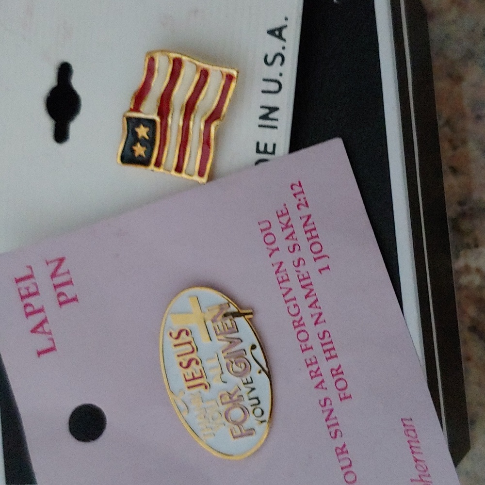 Two Lapel Pins with USA Flag and Religious Quote